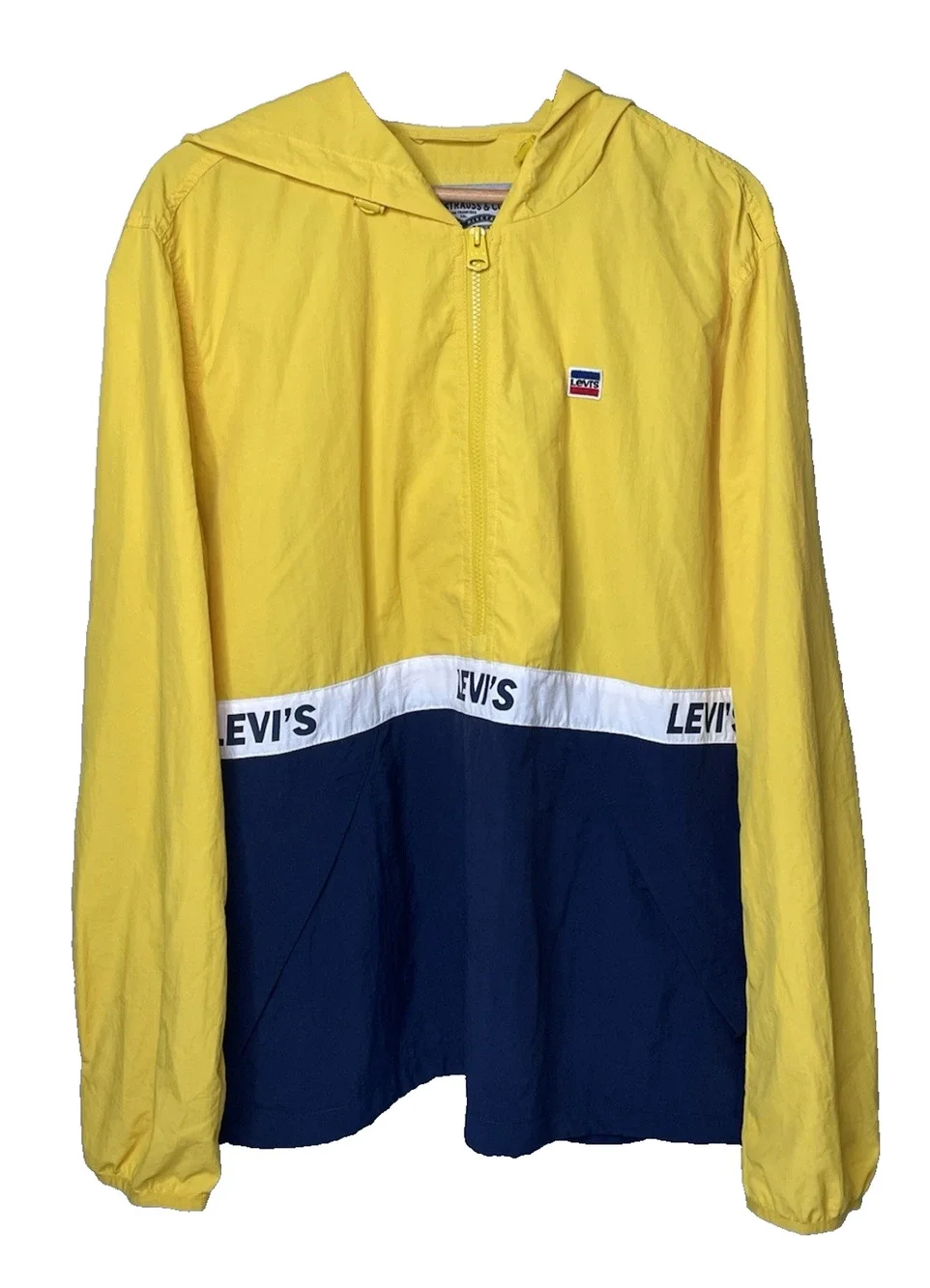 Levi's Hooded Half Zip Windbreaker Jacket XL Yellow Blue Colorblock Logo Nylon